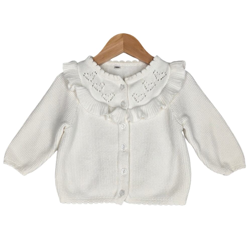 BABY GIRL'S ADORABLE WHITE RUFFLED COLLAR CARDIGAN – SIZE 12M – COTTEN BLEND
